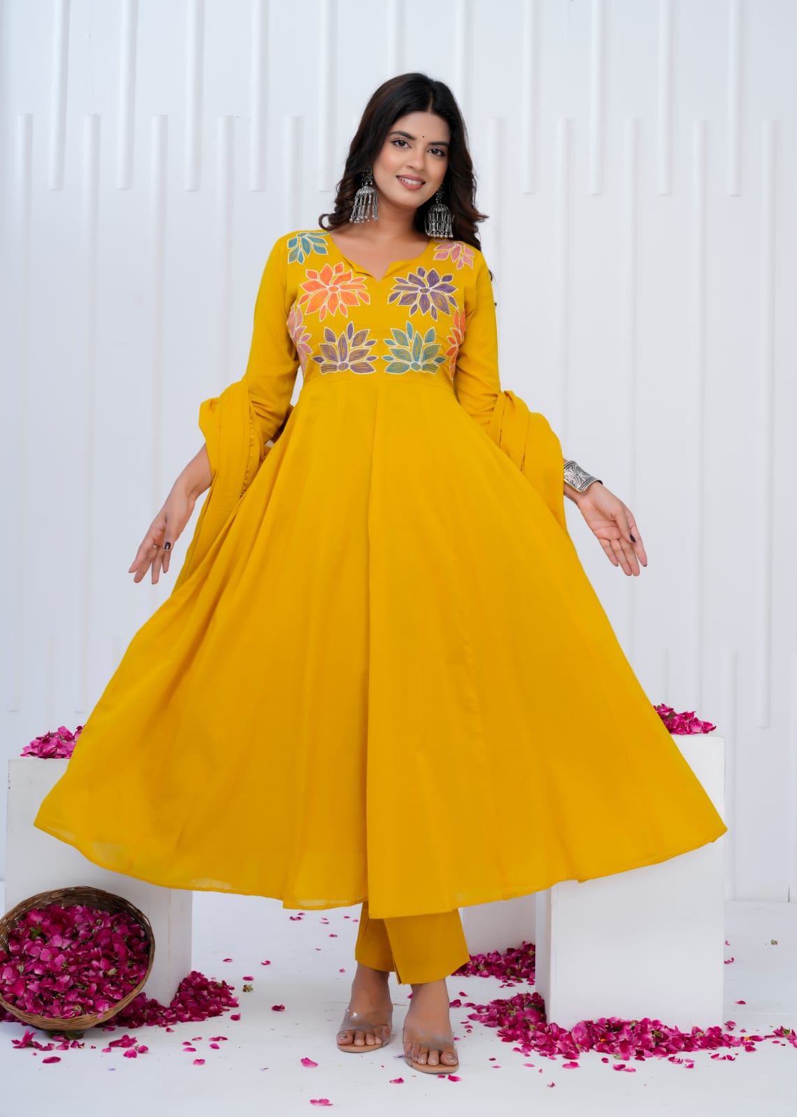Sunflora Mustard Yellow Embroidered Cotton Anarkali Kurta Set