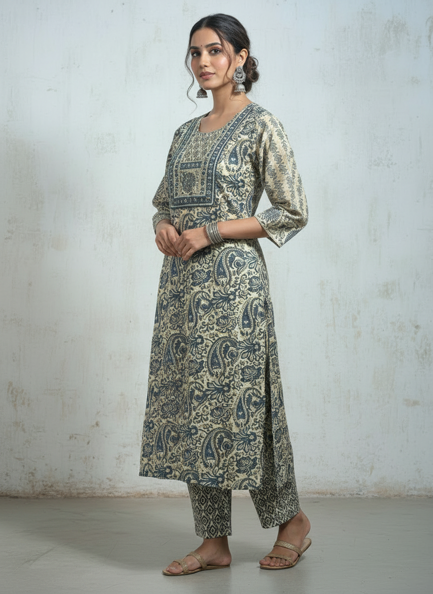 Indigo Raj Paisley 3-Piece Cotton Kurta Set