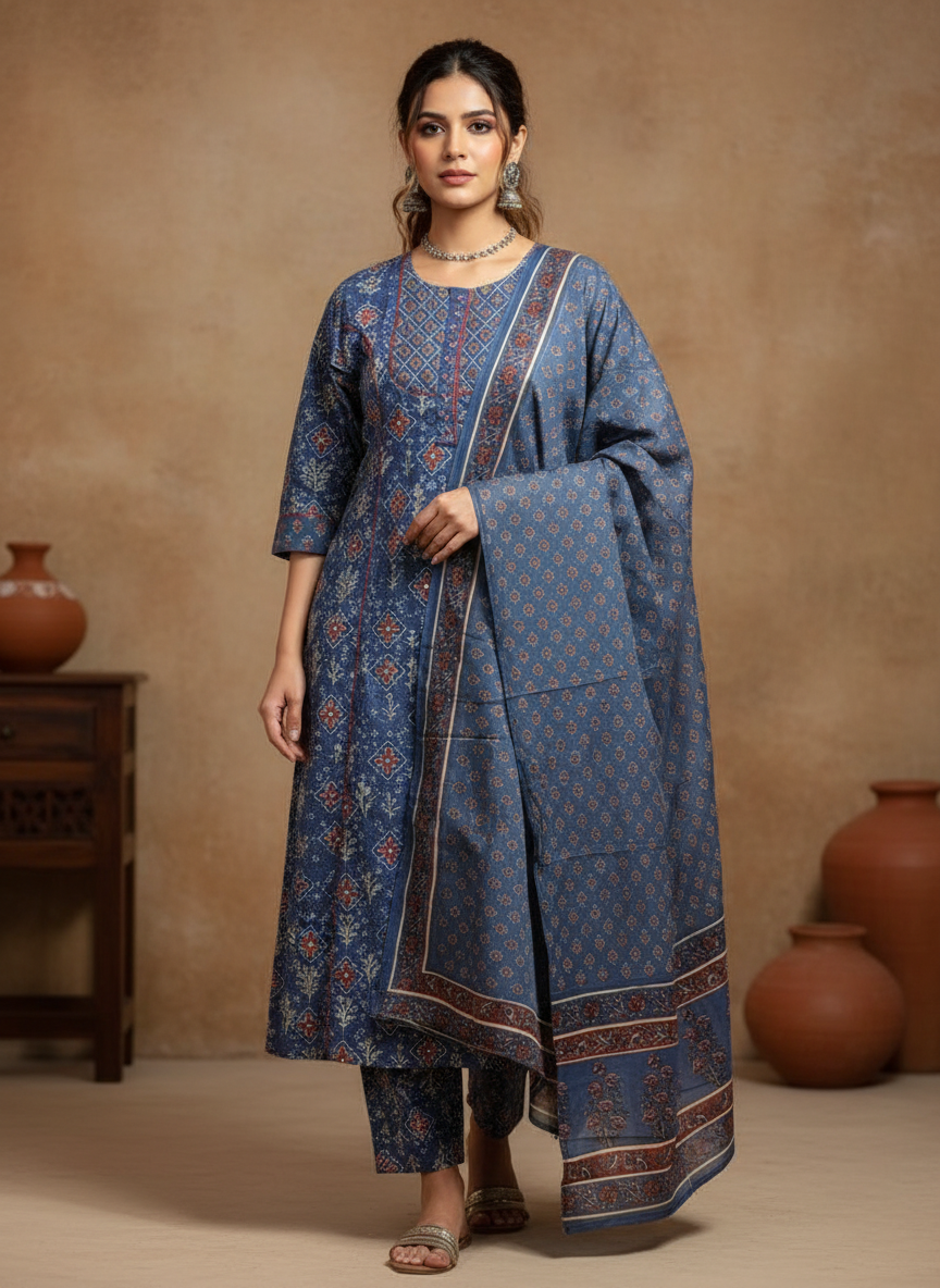 Indigo Bloom Pure Cotton Kurta Set
