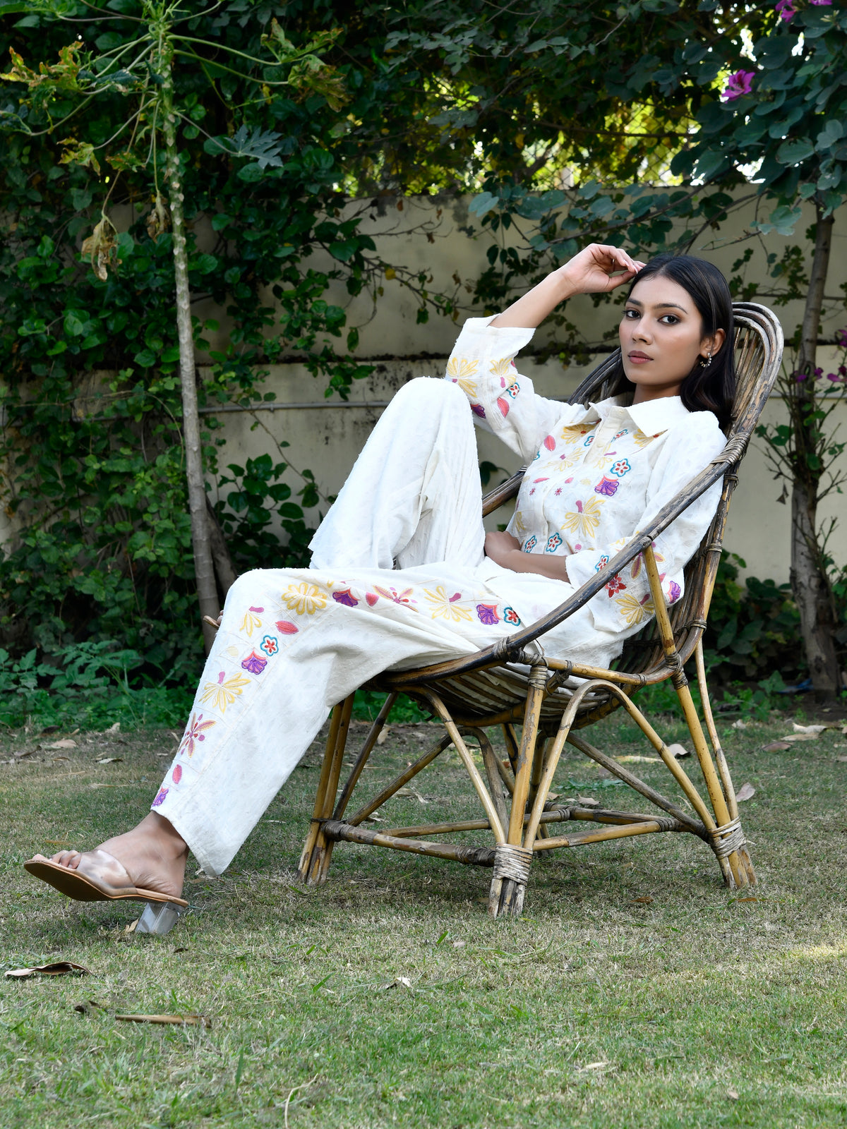 Women’s White Cotton Hand Embroidered Co-Ord Set with Lining | Pastel Floral Shirt & Palazzo Pants