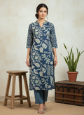 Navy Blue Angrakha Pure Cotton Floral Kurti