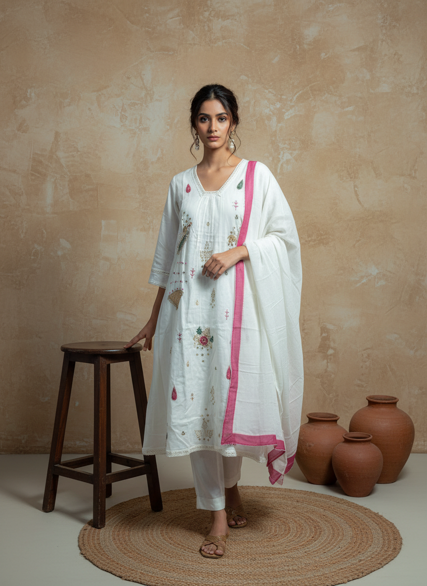 Ivory Noor Hand-Embroidered Festive Kurta Set