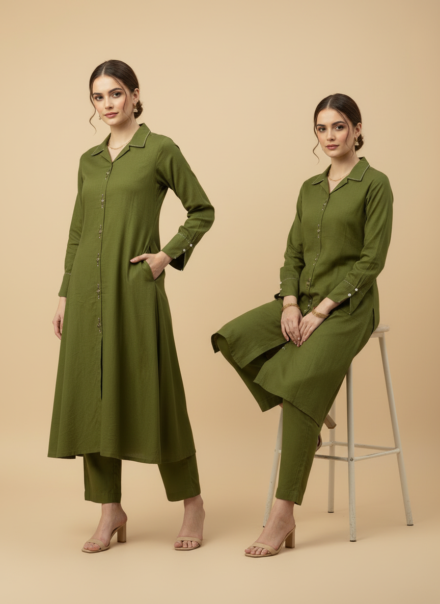 Olive Green Cotton Flex A-line Co-ord Set