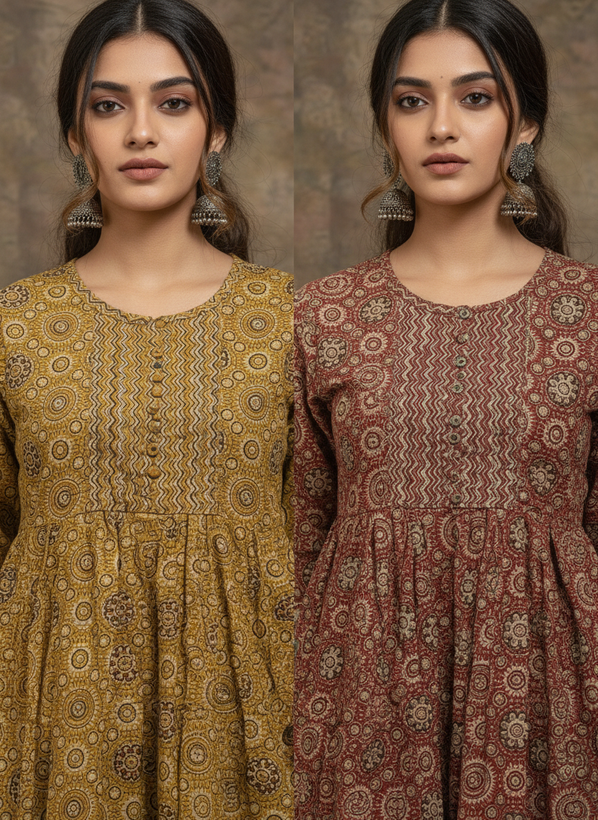 Mustard Gold Ajrakh Print Pure Cotton A-Line Kurta Set
