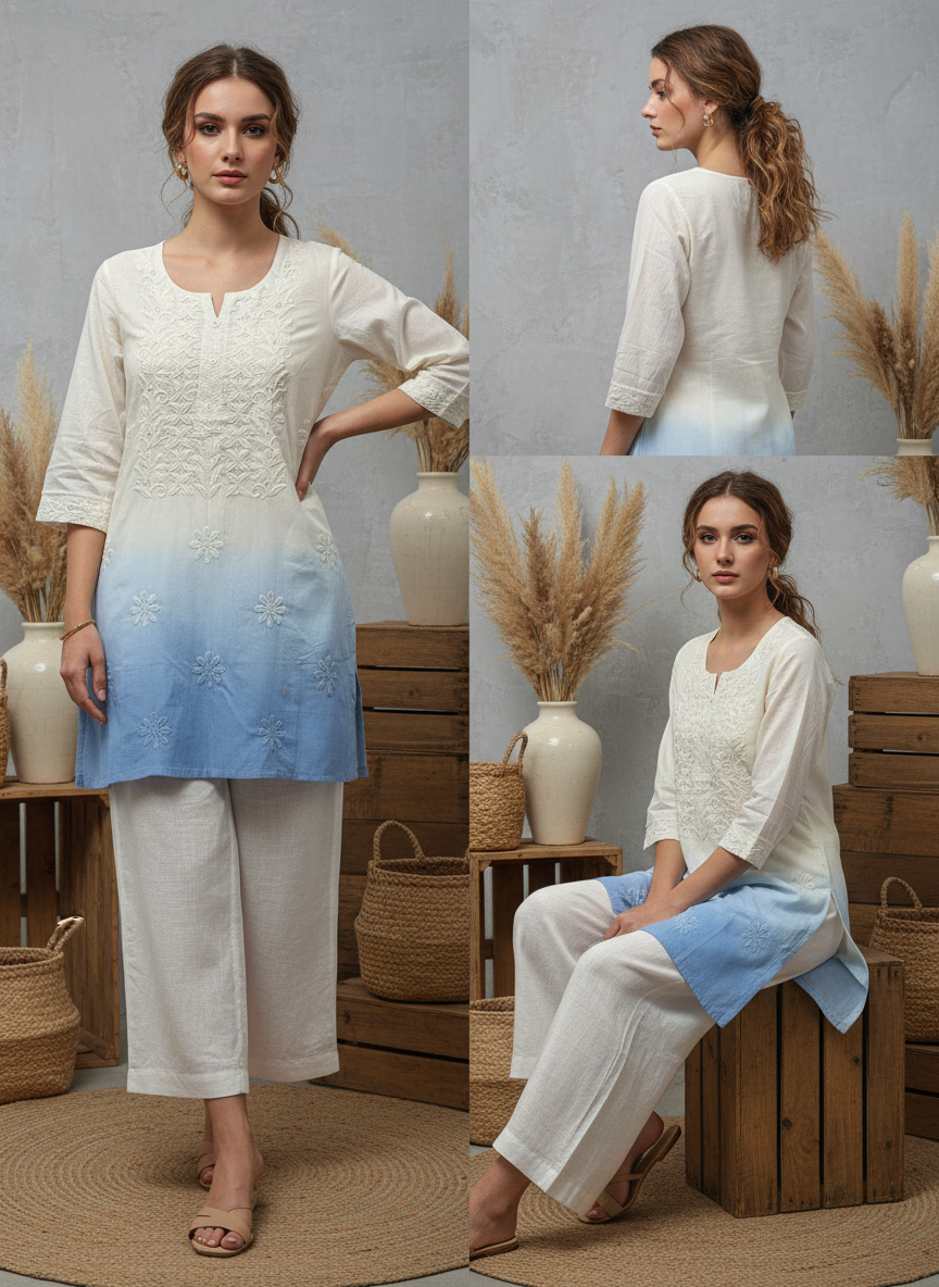 Blue Ombre Ivory Embroidered Cotton Kurti Top