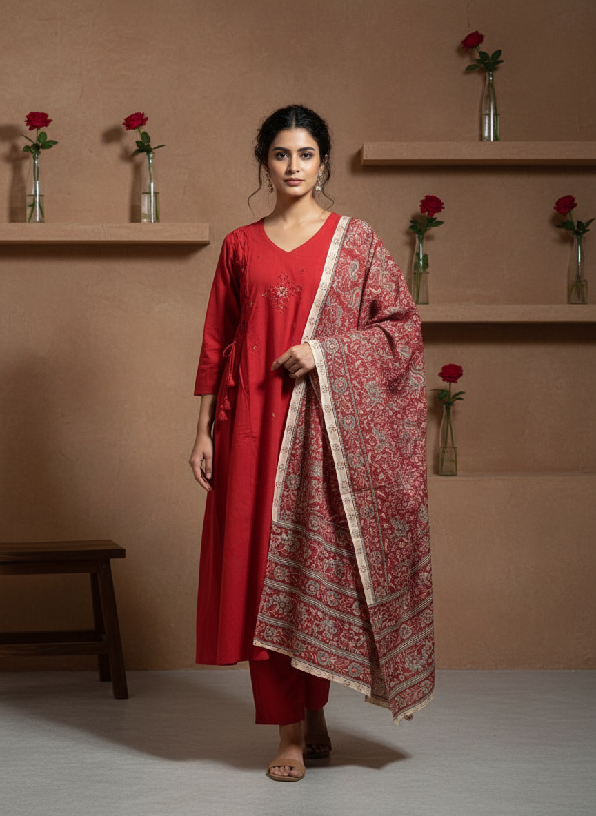 Vibrant Red Noor Pintuck Pure Flex Cotton Kurta Set