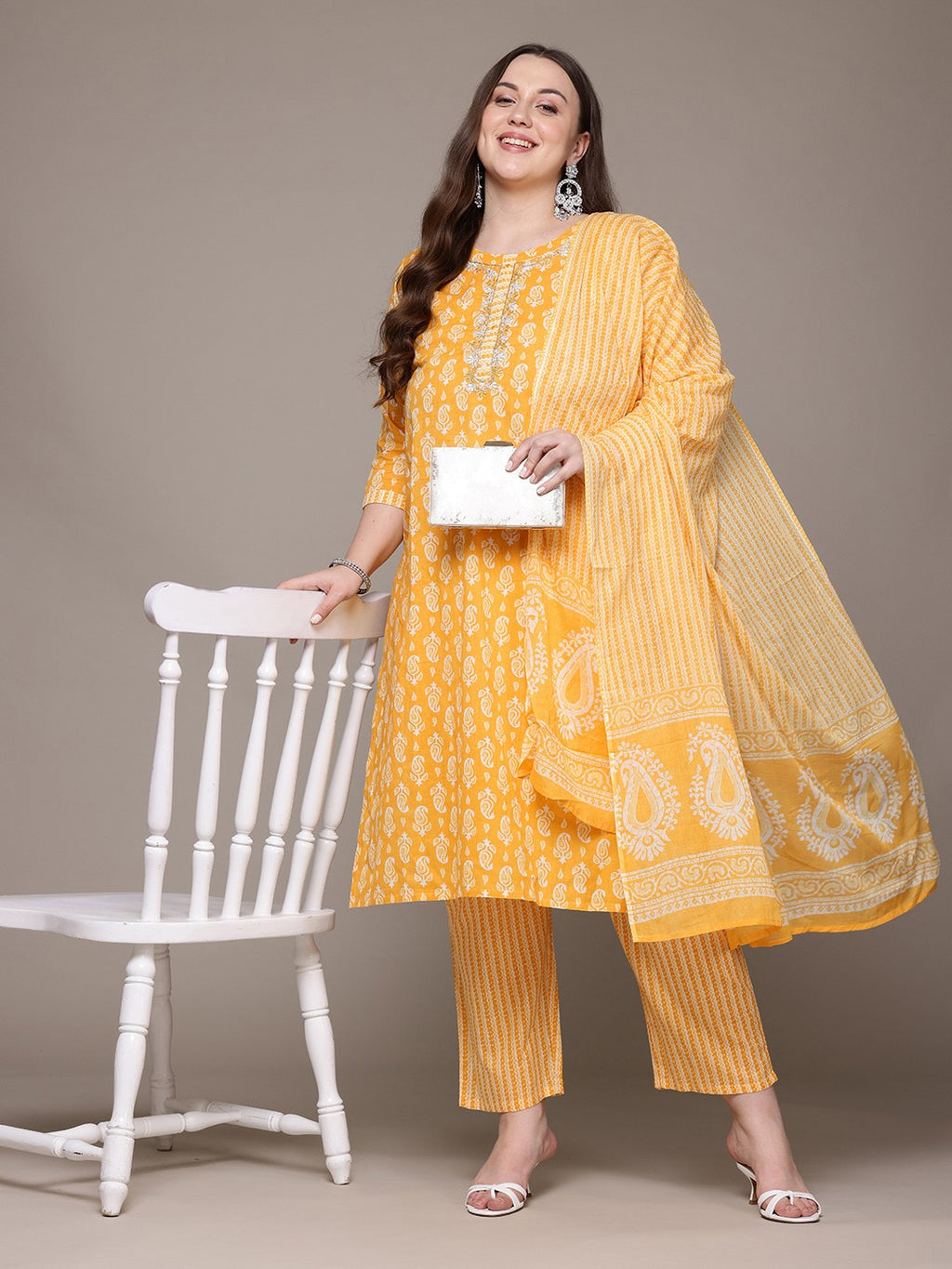Sunlit Paisley Plus Size Cotton Suit Set with Dupatta