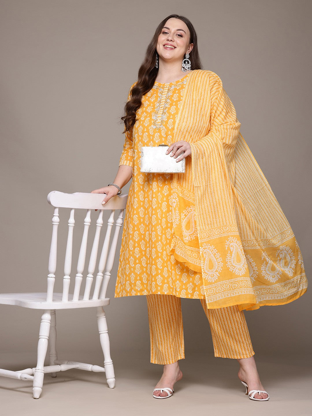 Sunlit Paisley Plus Size Cotton Suit Set with Dupatta