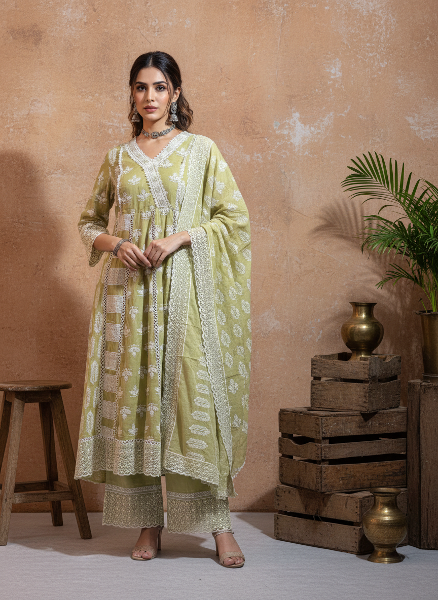 Olive Green Chikankari Grace Mul Cotton 3-Piece Suit Set