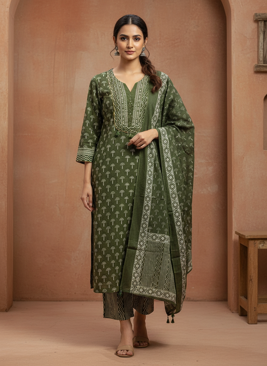 Olive Green Neel Viraasat Mul Chanderi 3-Piece Suit Set