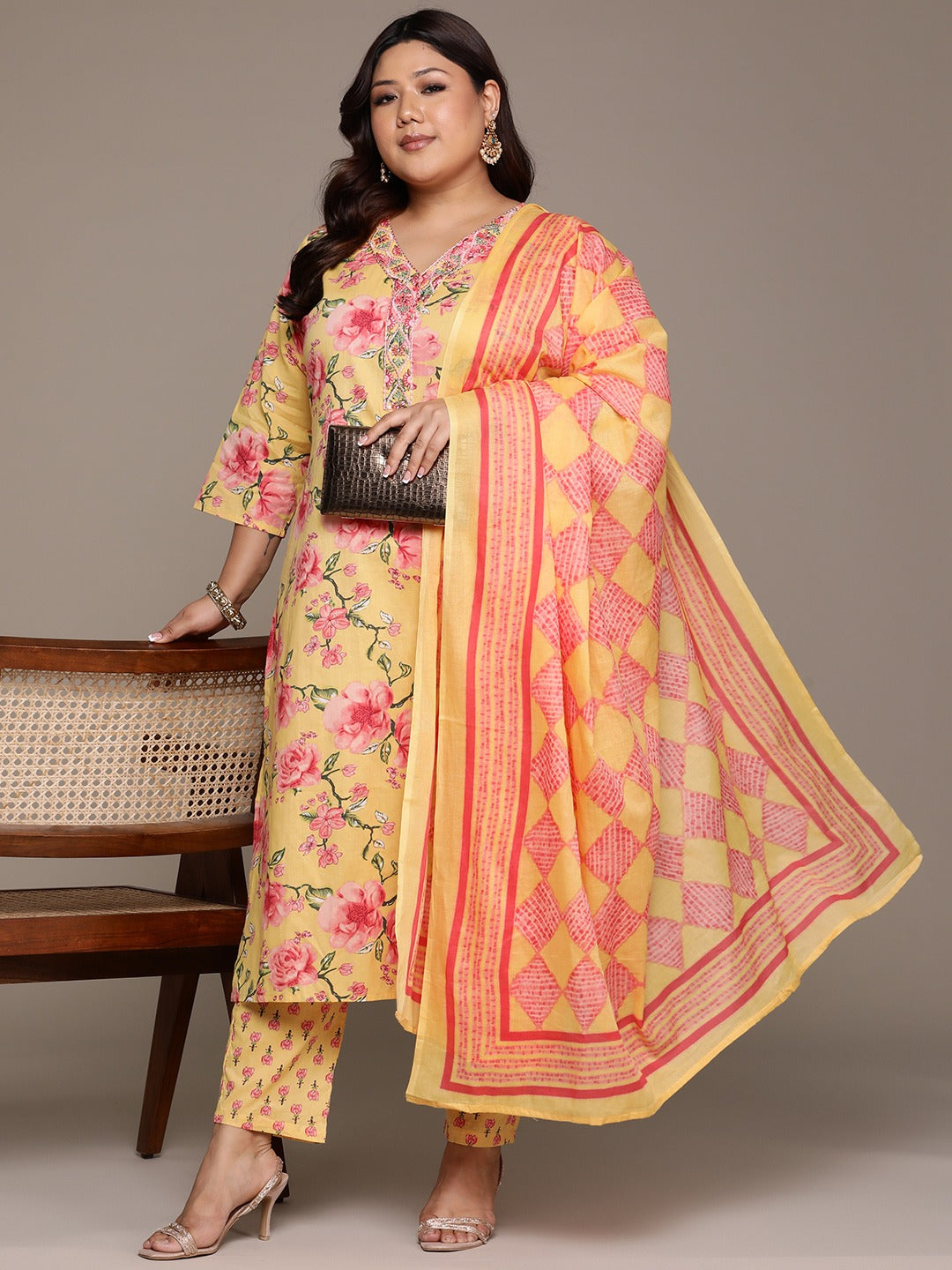 Sunlit Blossom Plus Size Floral Kurti Pant Suit with Dupatta