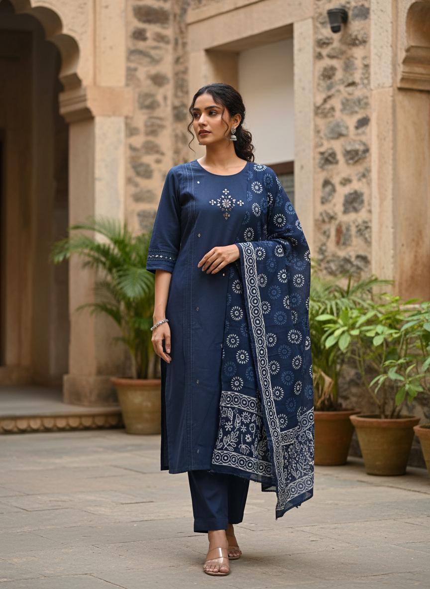Navy Blue Noor Mirrorwork Suit Set