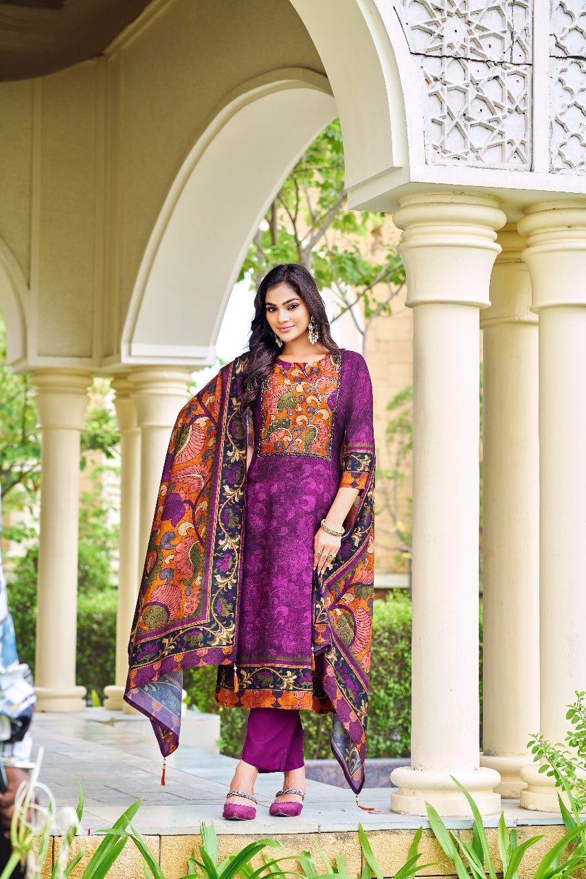 Purple Muslin Designer 3-Piece Suit