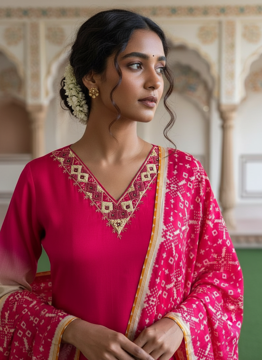 Ombre Muslin Rose Radiance Embroidered Kurta set with Patola dupatta