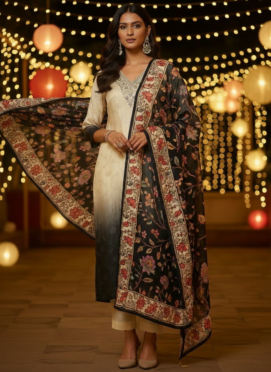 Ombre Straight Kurta set with kalamkari dupatta- Designer