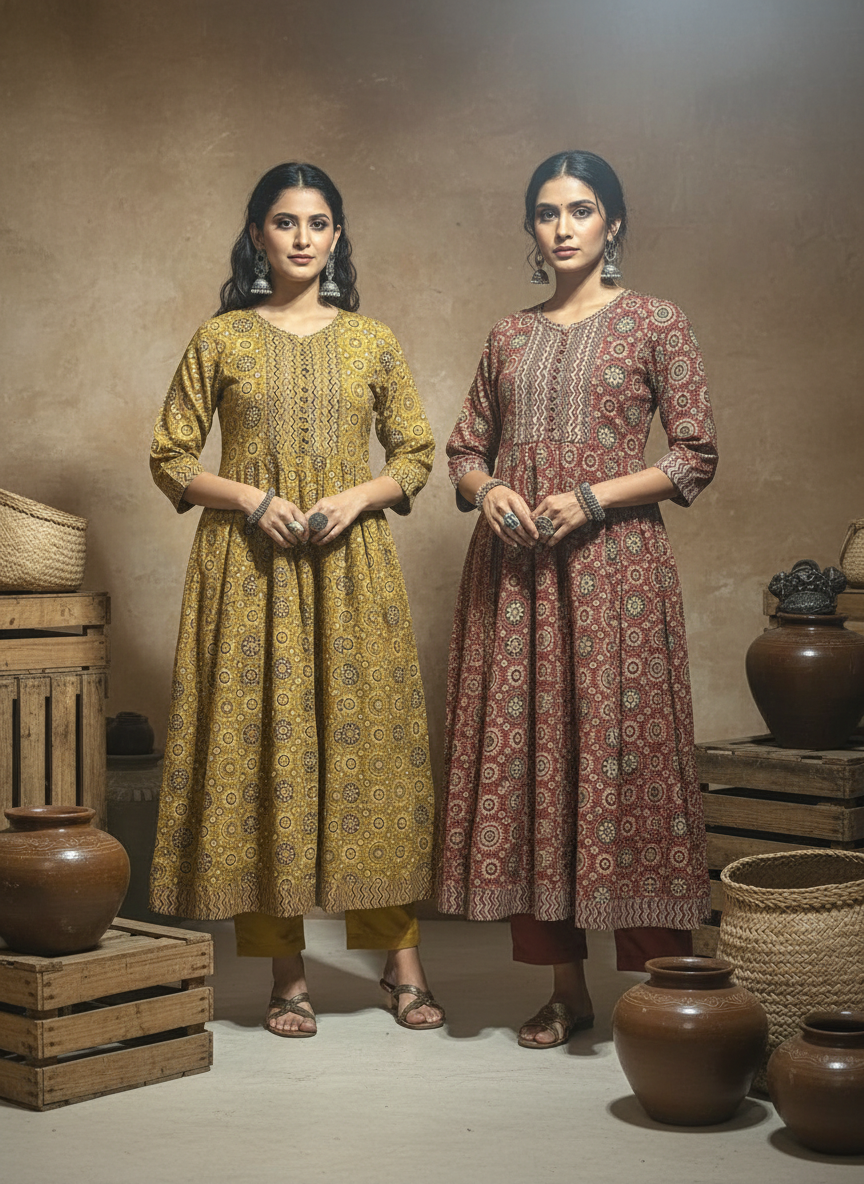 Mustard Gold Ajrakh Print Pure Cotton A-Line Kurta Set