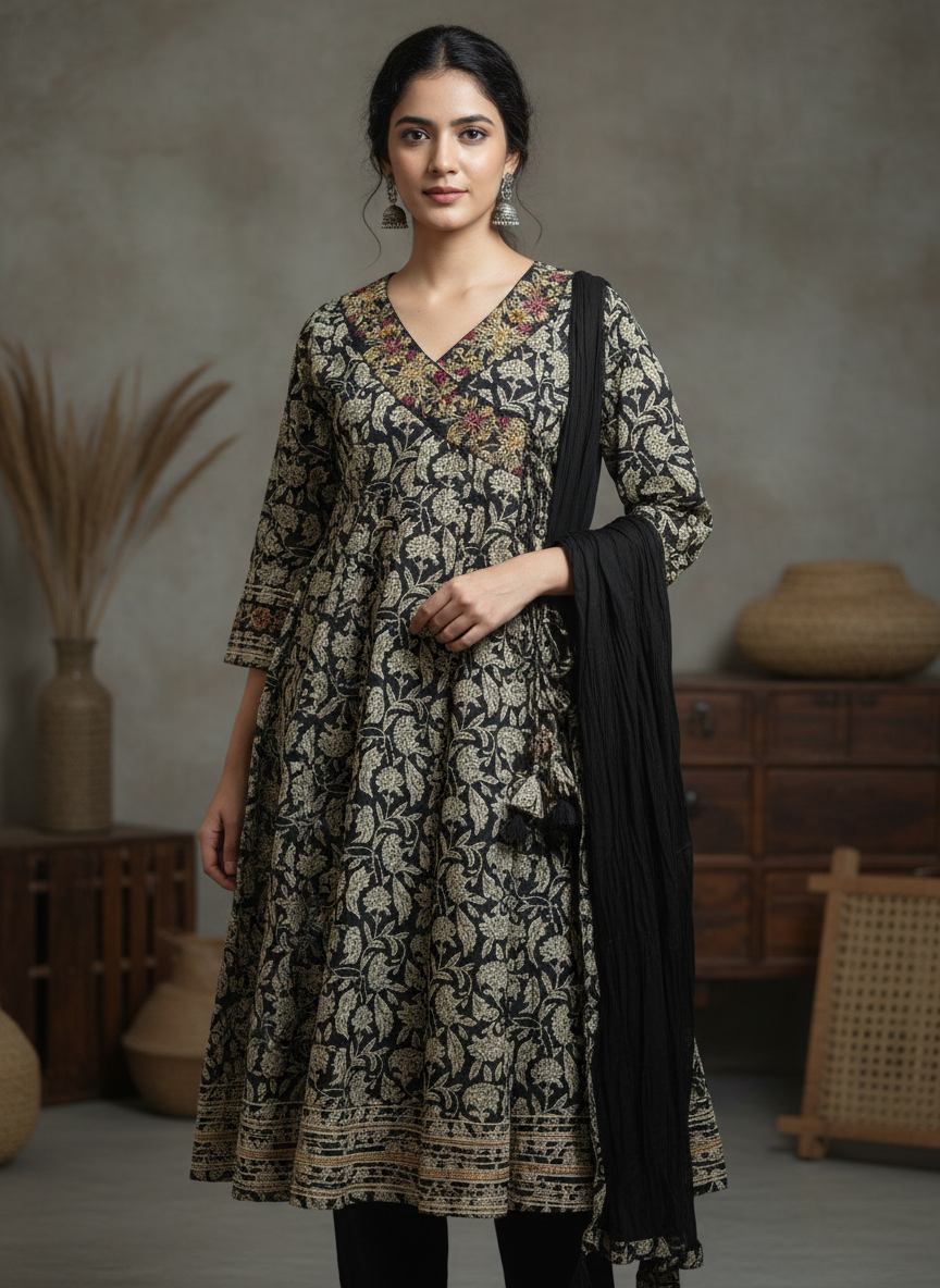 Midnight Black Pure Cotton Anarkali Suit Set