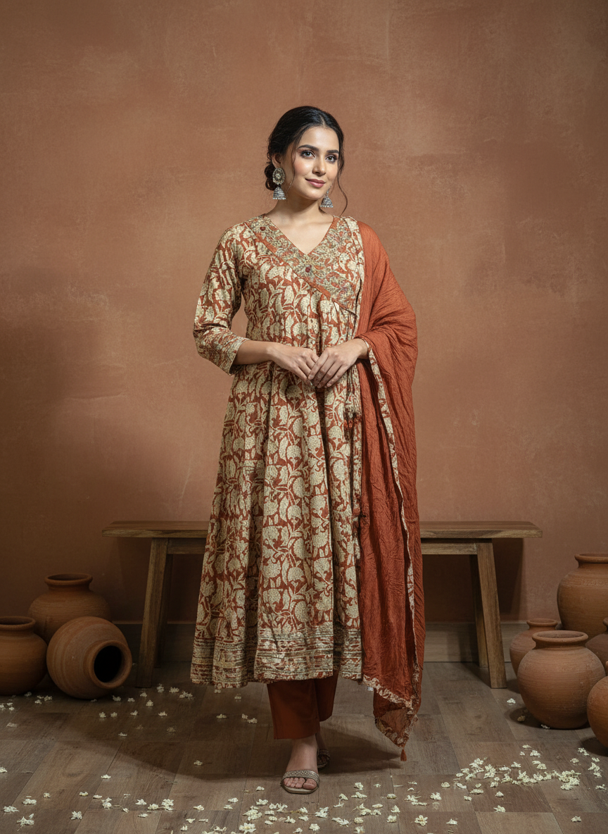 Rust Terracotta Pure Cotton Anarkali Suit Set