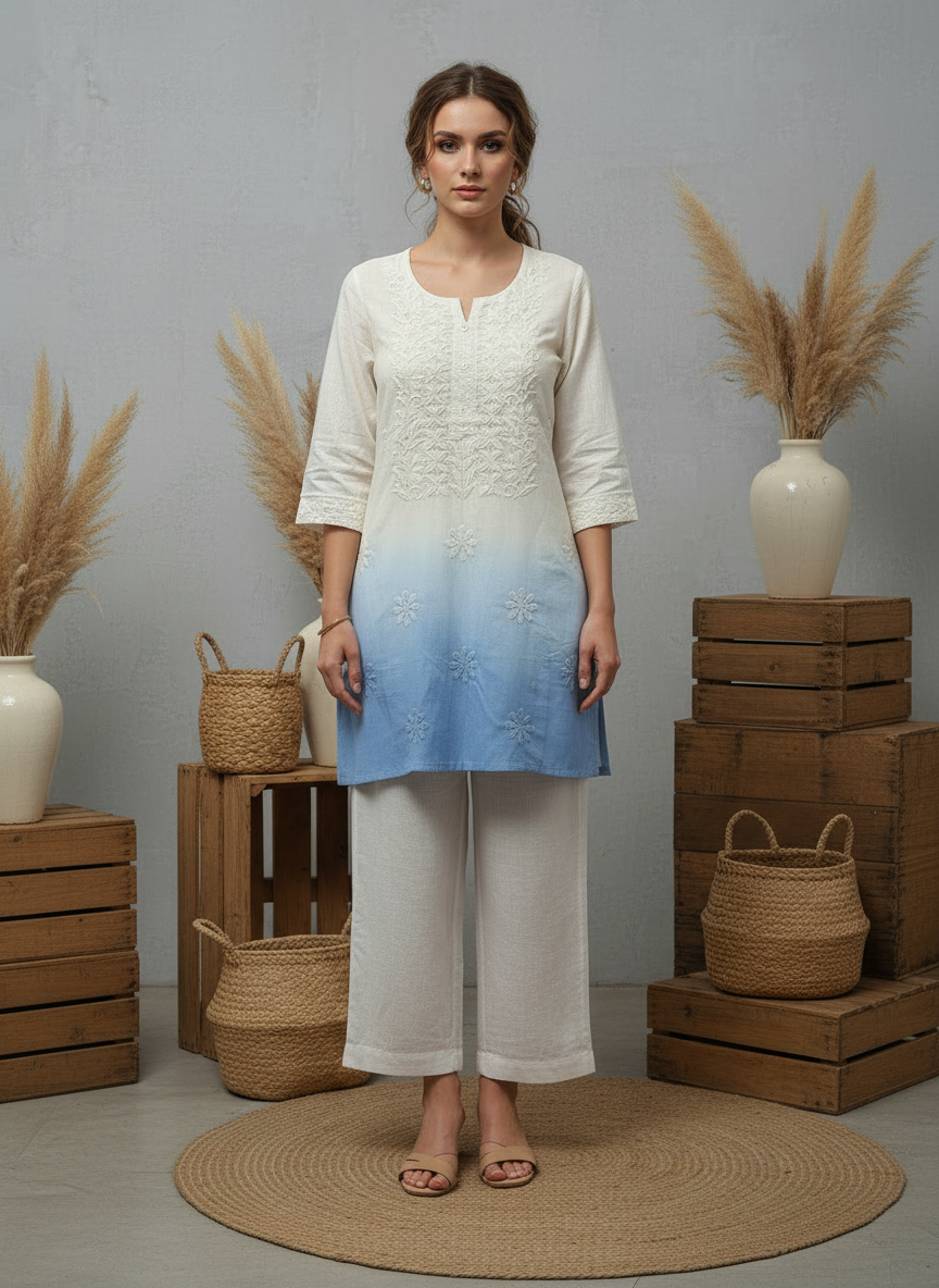 Blue Ombre Ivory Embroidered Cotton Kurti Top