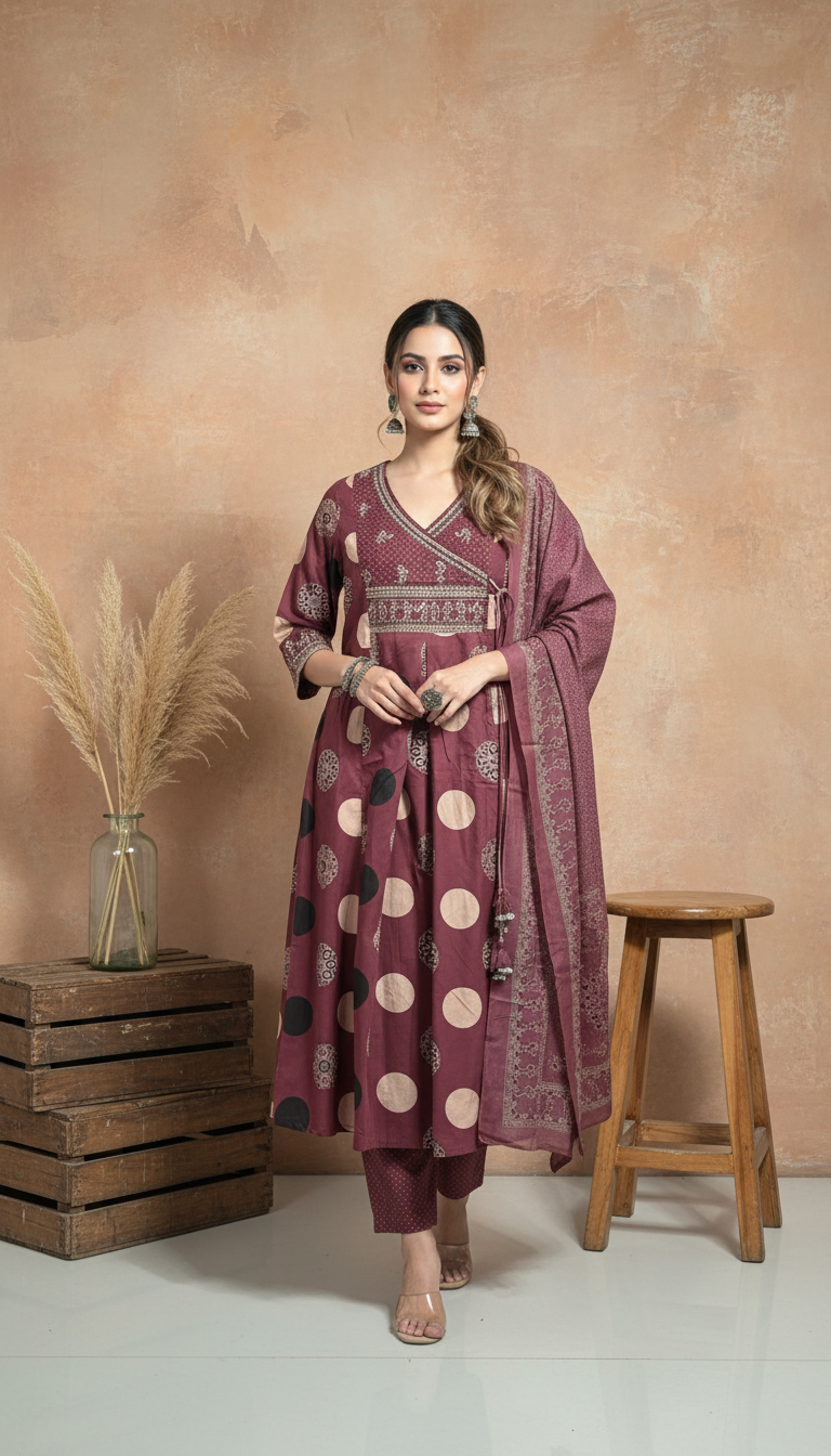 Wine Berry Desert Dots Wrap-Style Anarkali Suit Set