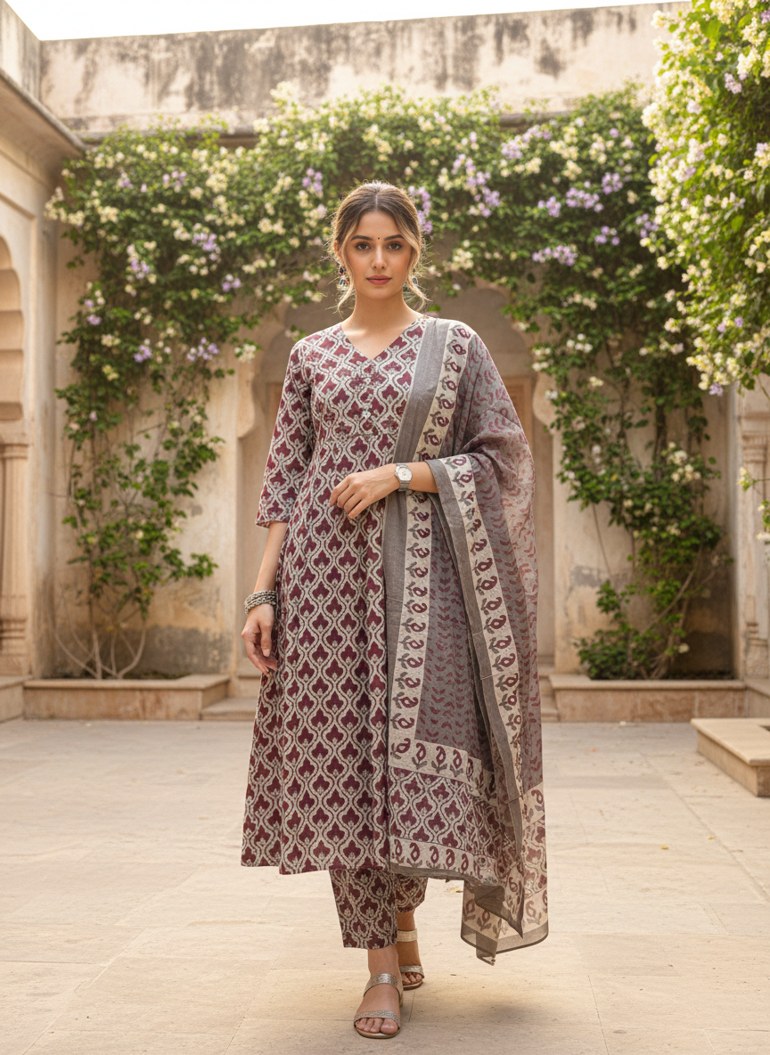 Ivory Rose Printed A-Line Cotton Kurta Set