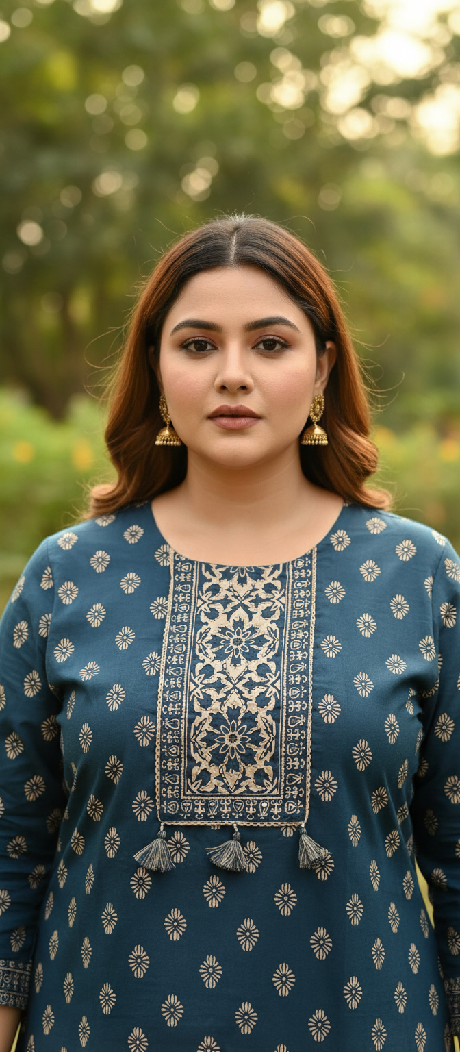Indigo Bloom Plus Size Cotton Kurti with Ethnic Yoke Embroidery
