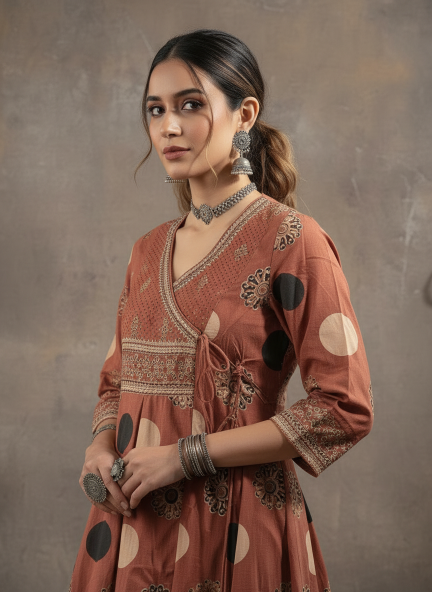 Terracotta Rust Desert Dots Wrap-Style Anarkali Suit Set