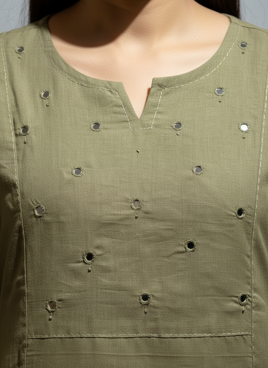 Olive Beige Cotton Kurta With Mirror Yoke