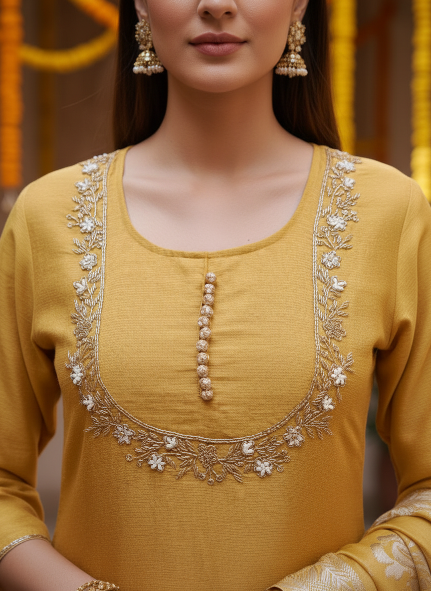 Yellow Sunehri Shimmer Tissue Suit Set - Elegant Festive Ensemble