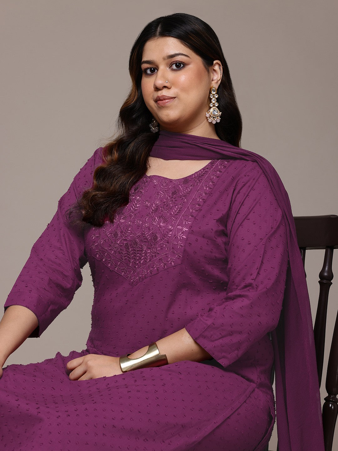 Plum Elegance Plus Size Embroidered Kurti Pant Suit with Dupatta