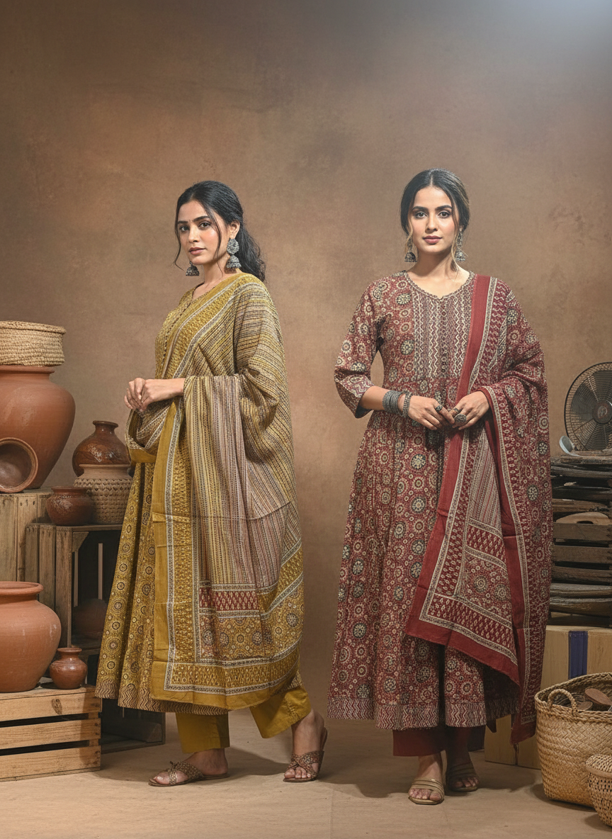 Rust Maroon Ajrakh Print Pure Cotton A-Line Kurta Set