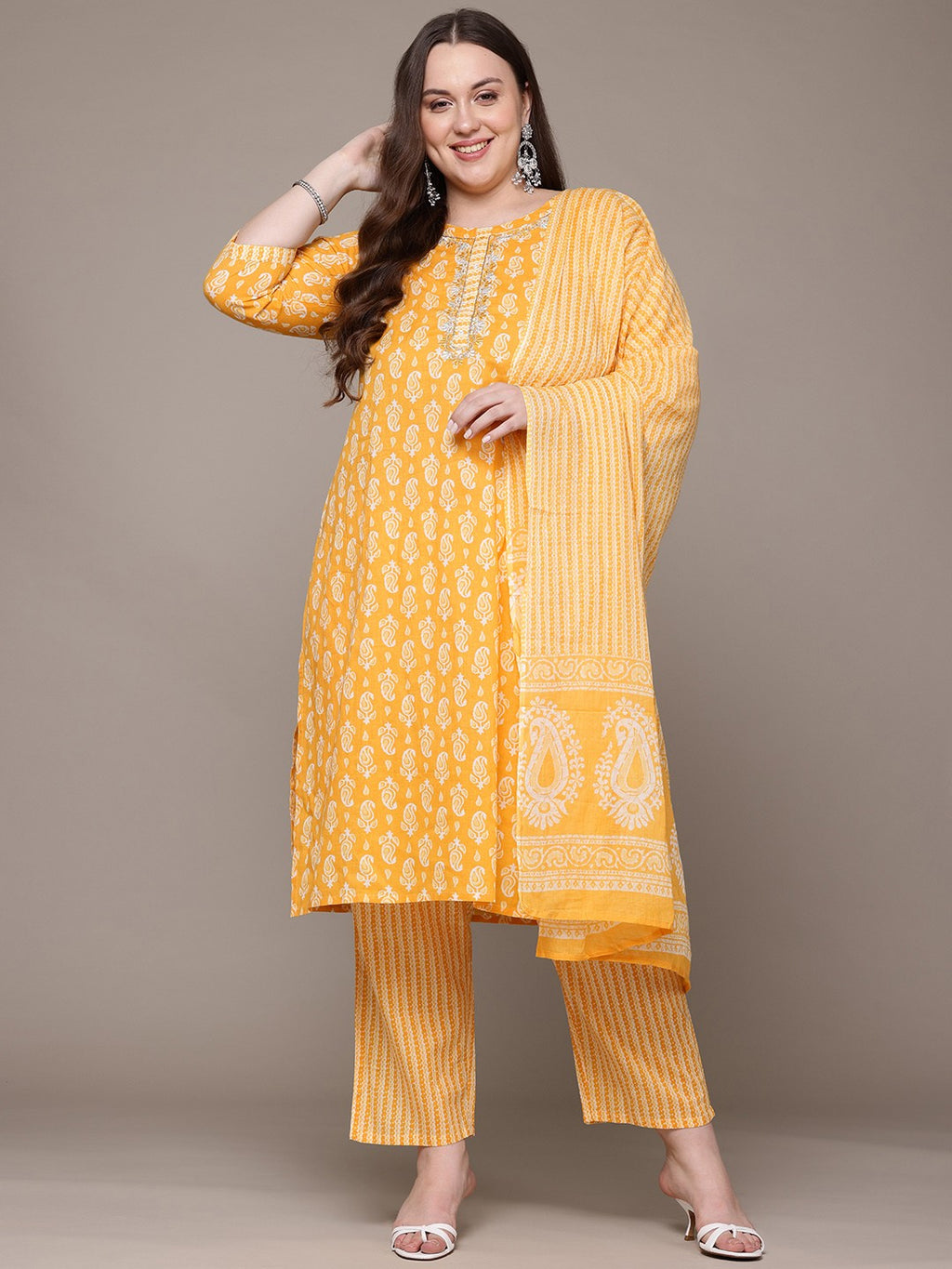 Sunlit Paisley Plus Size Cotton Suit Set with Dupatta