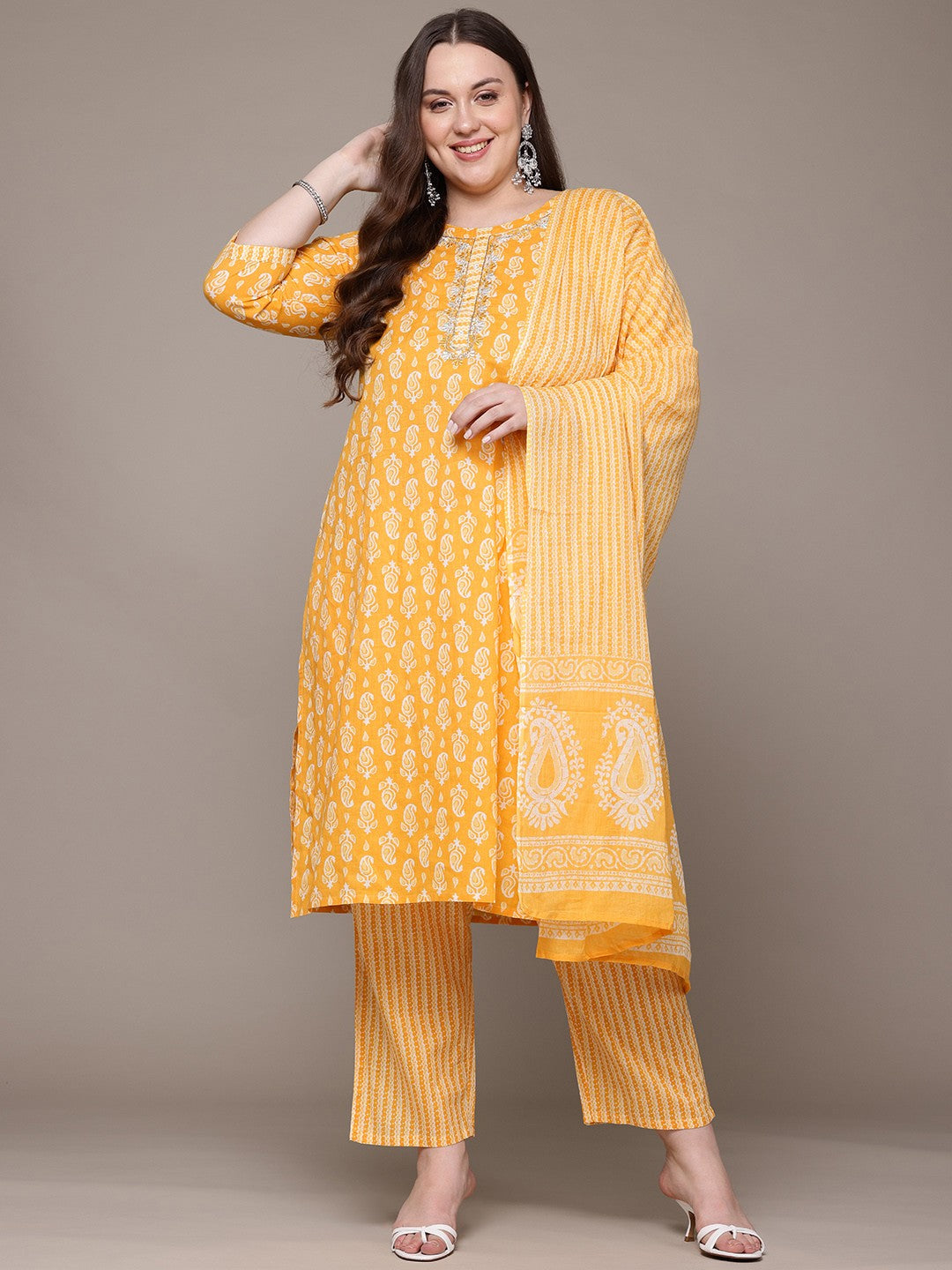 Sunlit Paisley Plus Size Cotton Suit Set with Dupatta