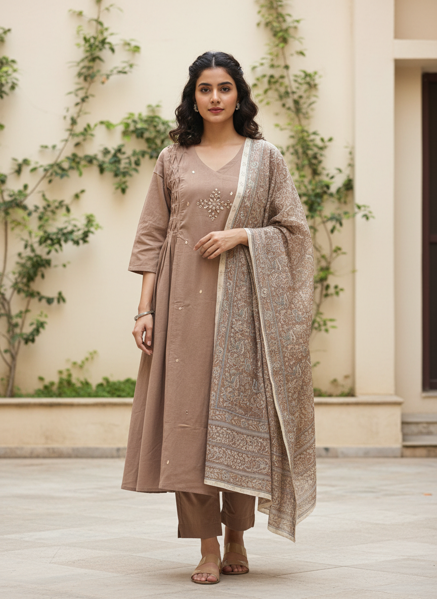 Classic Beige Noor Pintuck Pure Flex Cotton Kurta Set