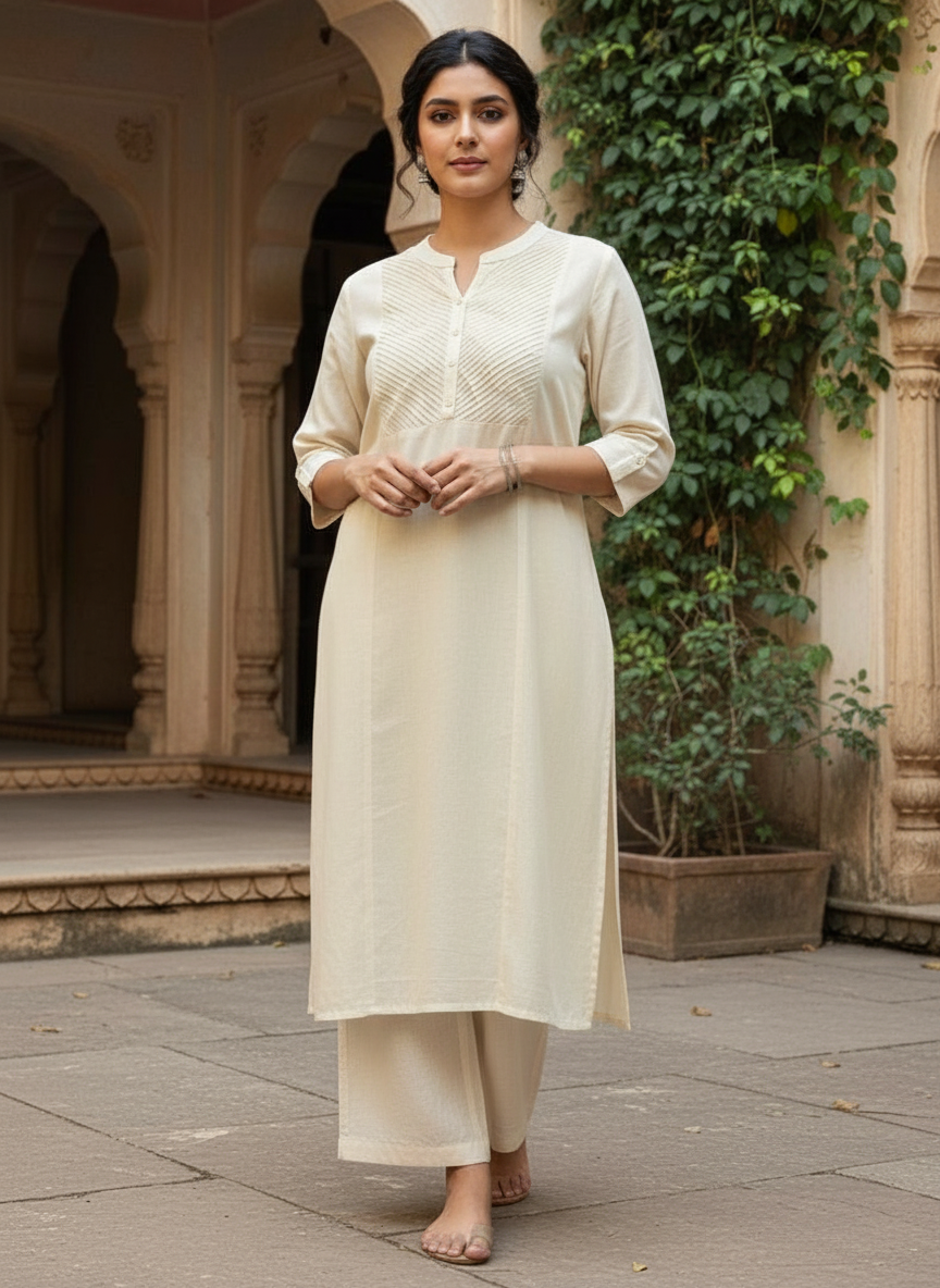 Ivory Monotone Pleated Yoke Kurti