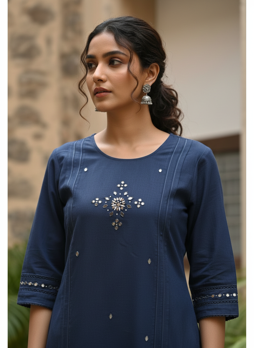 Navy Blue Noor Mirrorwork Suit Set