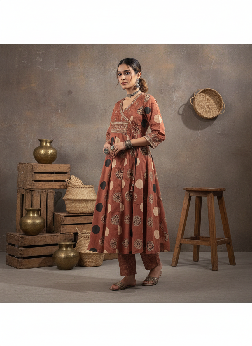 Terracotta Rust Desert Dots Wrap-Style Anarkali Suit Set