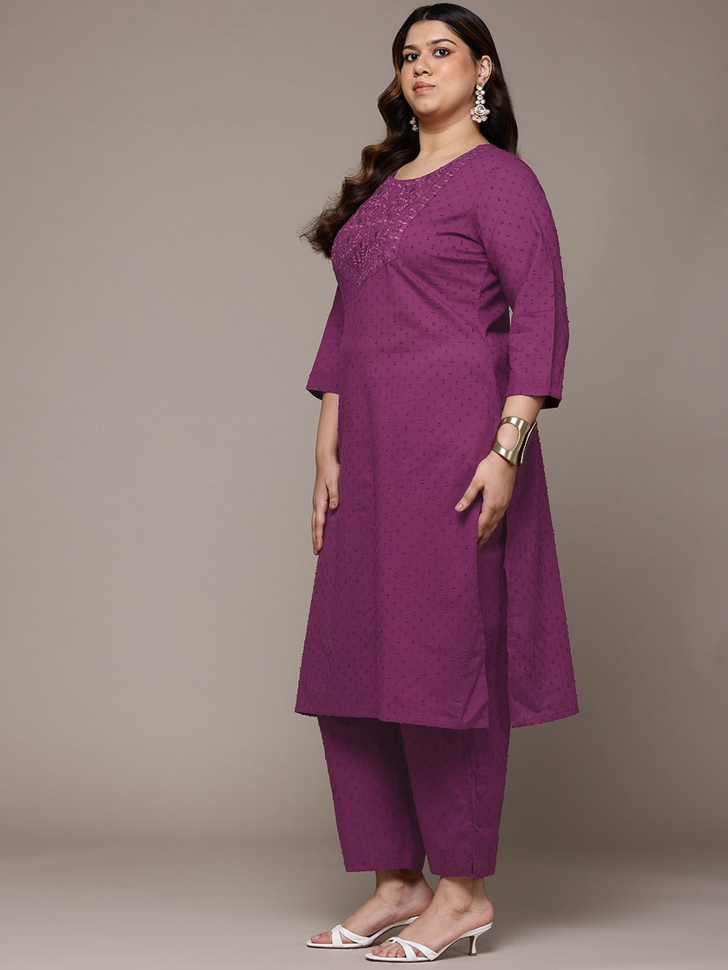 Plum Elegance Plus Size Embroidered Kurti Pant Suit with Dupatta