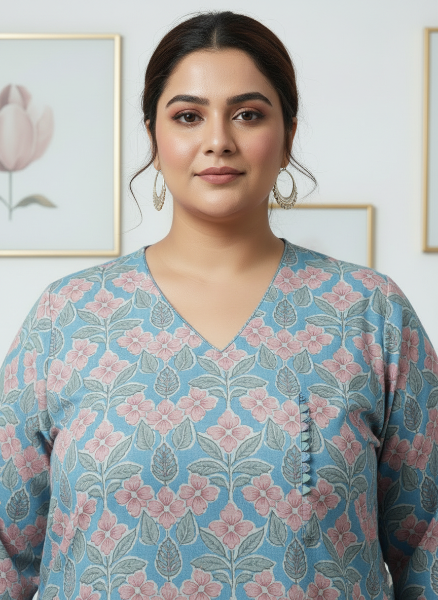 Plus Size Sky Blue Pink Angrakha Cotton Kurti