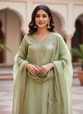 Sage Green Zariya V-Neck Embroidered Silk Suit Set