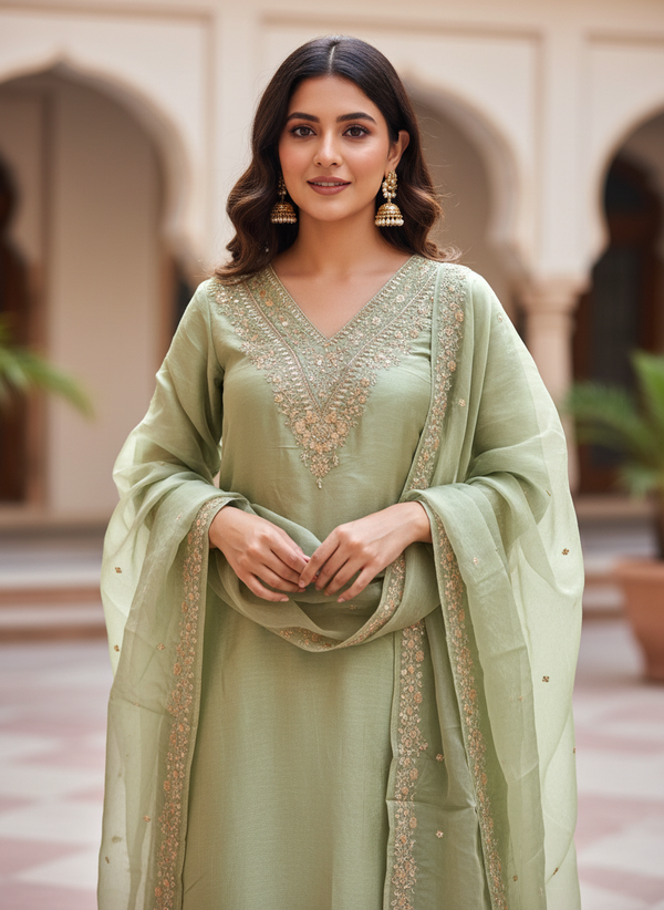 Sage Green Zariya V-Neck Embroidered Silk Suit Set