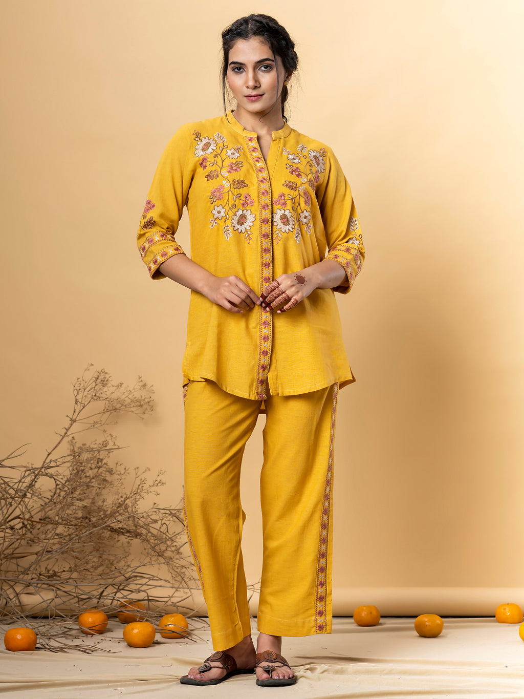 Yellow Marigold Embroidered Co-Ord Set | Flex Cotton Co-ords