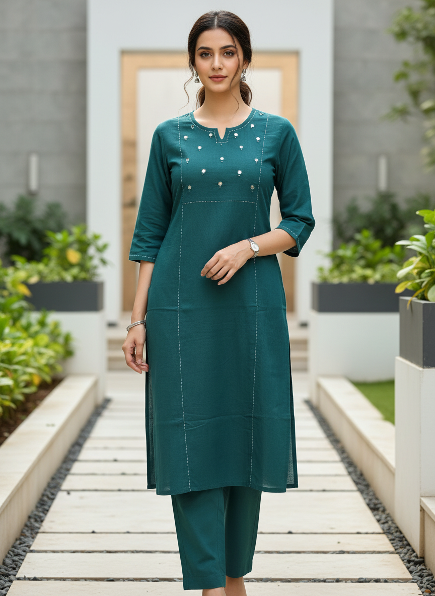 Teal Green Cotton Kurta With Mirror Yoke