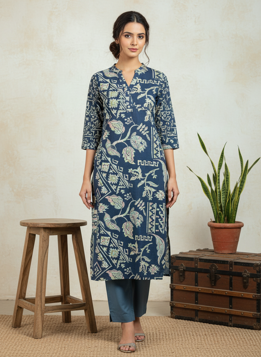 Navy Angrakha Pure Cotton Kurti