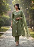 Olive Green Gulbahar Floral Embroidered Cotton Suit Set