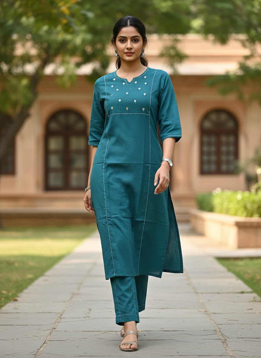 Teal Green Cotton Kurta With Mirror Yoke