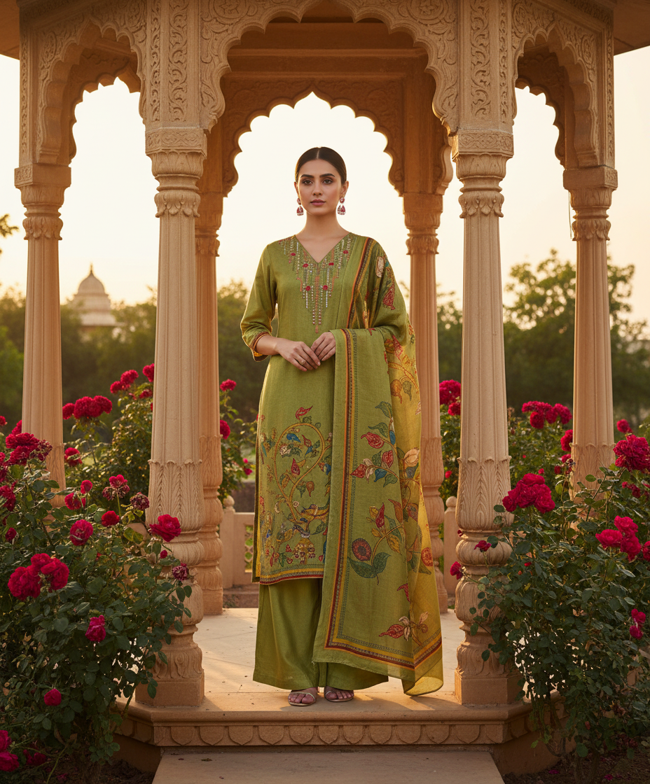 uslin Green Pichwai Print Kurta Set