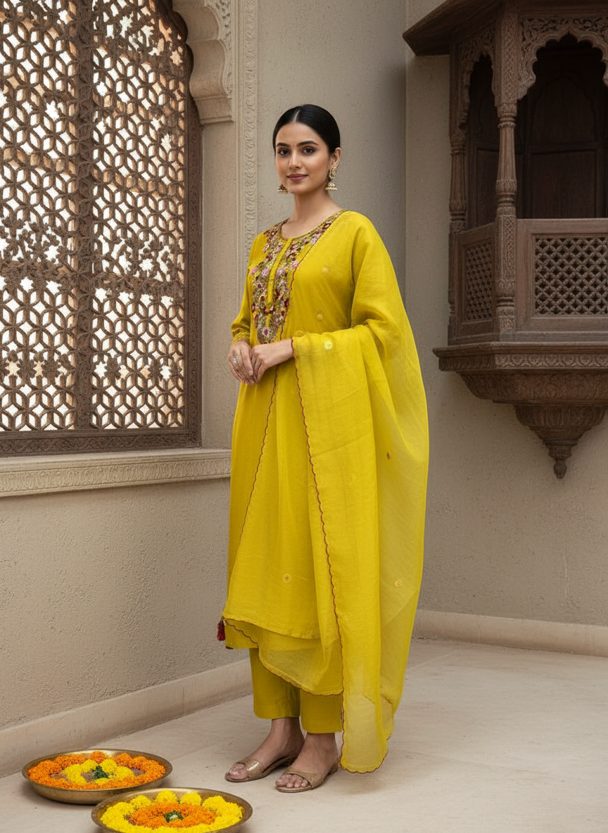 Yellow Suit Set with Organza Dupatta