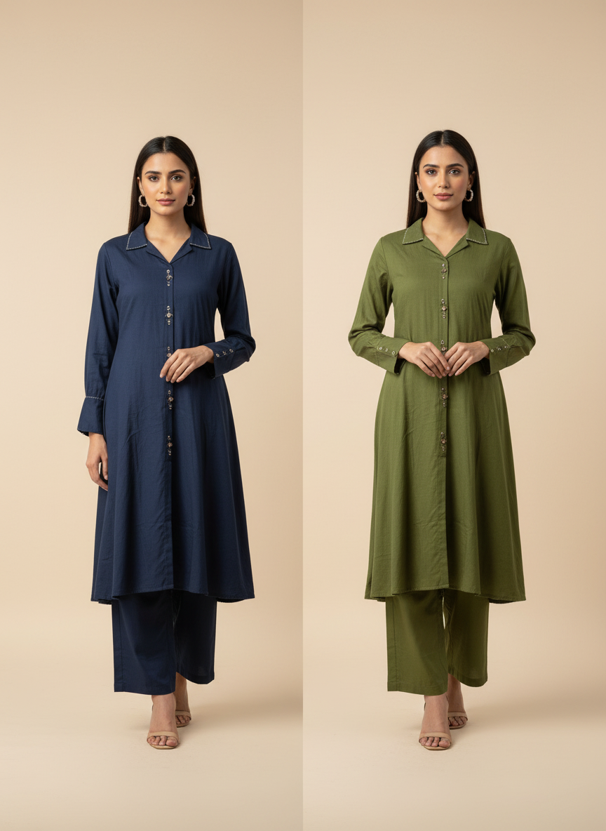 Olive Green Cotton Flex A-line Co-ord Set