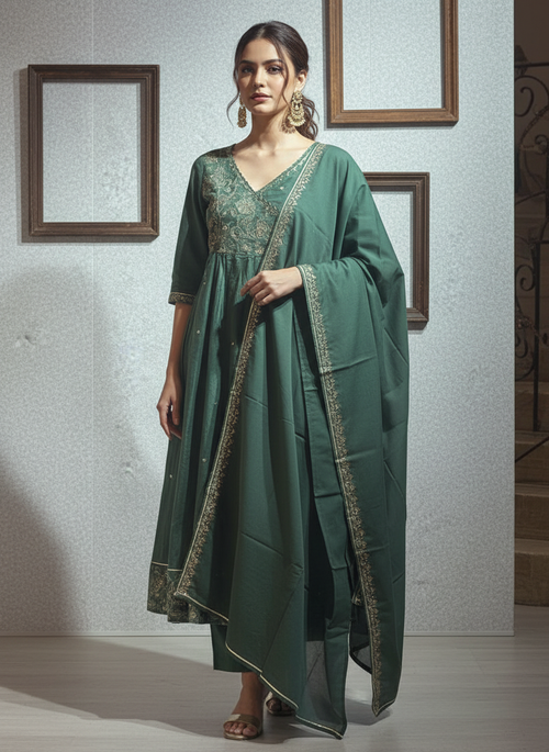 Emerald Noor Embroidered 3-Piece Cotton Suit Set